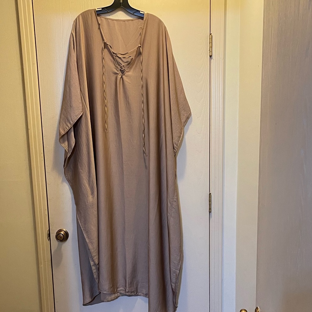 Amazon Brand Beige Satin like MuMu OS Fits up to 2X. Tie front. No stretch. Maxi